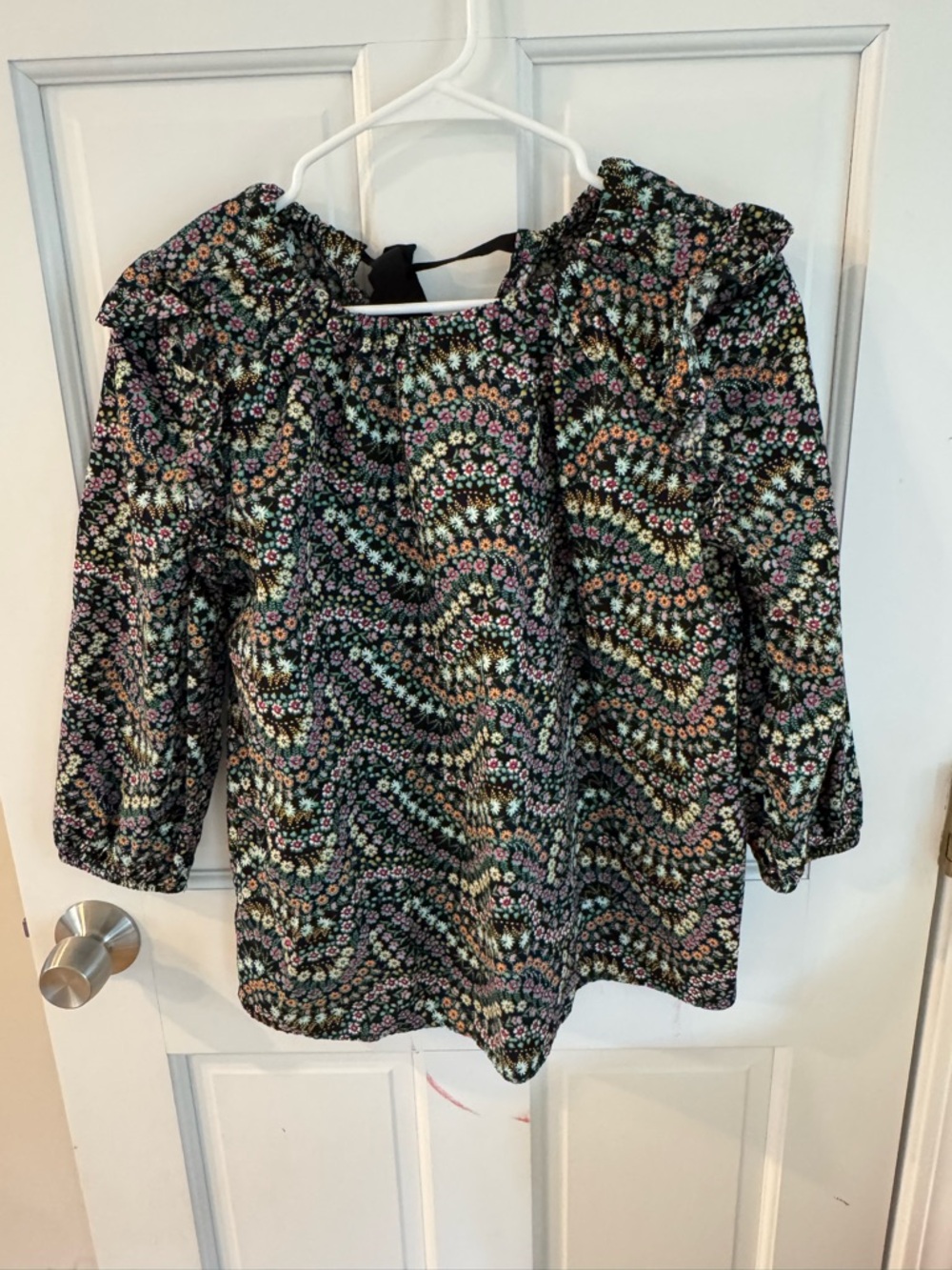 Loft Black Floral Ruffle Neck Blouse